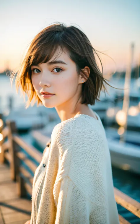 masterpiece, Best Quality, 8K, 1 girl, yacht harbor at dusk, 18 yo, medium breasts⁩, mouth slightly open, cute little, Solo, sad, Clothes suitable for autumn, Cute, Girly, Delicate girl, Neat and clean beauty, Raw photo, Professional Photography, Portrait,...