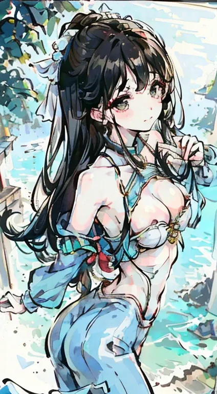 1 girl in、25 age old、beautiful boobs、I can see my lower breasts、FULL-BODY ESBIAN、A brunette one、Tight hot pants、sea beach、A slight smil、nipple play