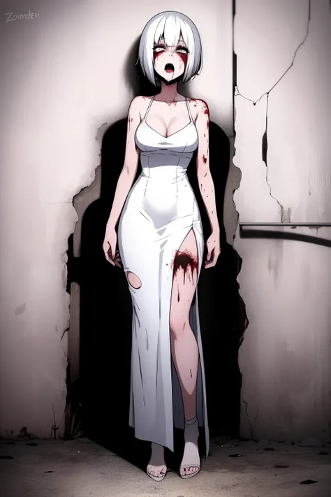 Cute girl , Zombie , Zombie girl , short hair , Torn long dress , Zombie girl , full body , zombie , Long torn white dress