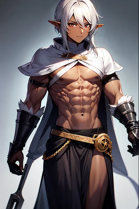 dark skinned, medium silver hair, abs, androgynous, black skirt, elf boy, medieval armor