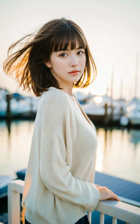 masterpiece, Best Quality, 8K, 1 girl, yacht harbor at dusk, 18 yo, medium breasts⁩, mouth slightly open, cute little, Solo, sad, Clothes suitable for autumn, Cute, Girly, Delicate girl, Neat and clean beauty, Raw photo, Professional Photography, Portrait,...