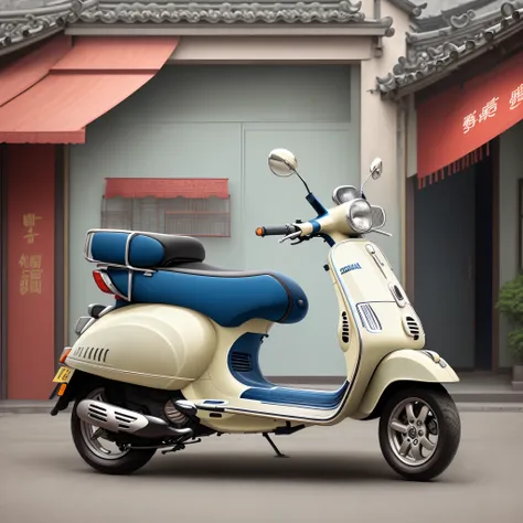 Ceramic blue and white porcelain electric car vespa in Jiangnan water town