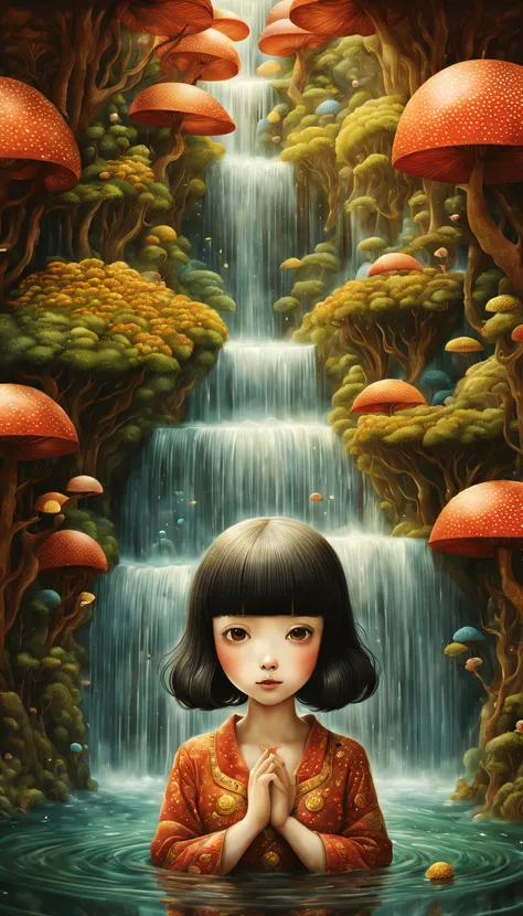 magical, Mysterious and surreal ，（fountain）, （lots of flowing water），waterfallr，the ultra-detailed, ，Draw beautiful digital illustrations，james r style ，by Amy Saul, author：naoto hattori，yayoi kusama, by Ghibli Studio，no border ，