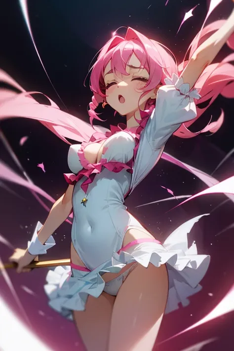 tottering, precure, big breast, torn clothes, frilly, closed eyes, :o, white panties, dirty, bleed, pink hair, drill hair, headback, energy drain