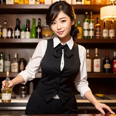 ((Best Quality, masutepiece, 超A high resolution、Bright and saturated、High brightness and saturation、SFW))、1 photo、1人の女性、perfect female bartender、(Black Suit Vest:1.3)、black bow tie on chest、(perfect bartender uniform:1.3)、Black tight skirt、(((large full br...