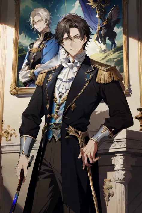 anime character dressed in black and blue standing in front of a painting, beautiful androgynous prince, anime key visual of elegant, inspired by Okumura Masanobu, delicate androgynous prince, casimir art, key anime art, shigenori soejima illustration, zer...