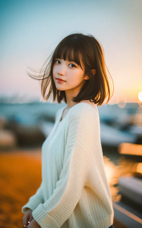 masutepiece, Best Quality, 8K, 1 girl, Yacht harbor at sunset, 18 yo, medium breasts⁩, Mouth slightly open, cute little, Solo, sad, Clothes that look good in autumn, Cute, Girly, Delicate girl, Neat and clean beauty, Raw photo, Professional Photography, Po...