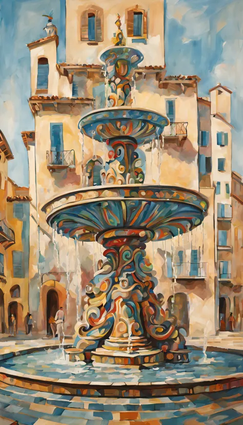 the fountain, in the picasso style, iintricate, extremly high detail