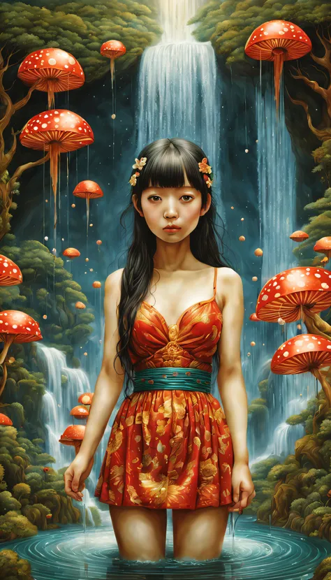 magical, Mysterious and surreal ，（Fountain flows from girl&#39;s waist）, （a lot of flowing water），waterfall man，the ultra-detailed, ，Draw beautiful digital illustrations，james r style ，by Amy Sole, author：naoto hattori，yayoi kusama, by Ghibli Studio，NO bor...