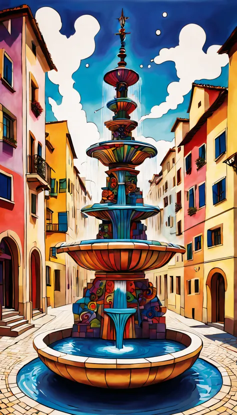 The fountain, Kandinsky style, in the Picasso style, iintricate, extremly high detail