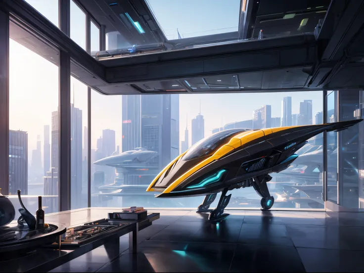 Envision a futuristic luxury home set in a high-tech cityscape, with sleek, metallic architecture and advanced technology inspired by the futuristic cityscapes of Syd Mead.