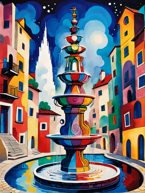 the fountain, kandinsky style, in the picasso style, iintricate, extremly high detail