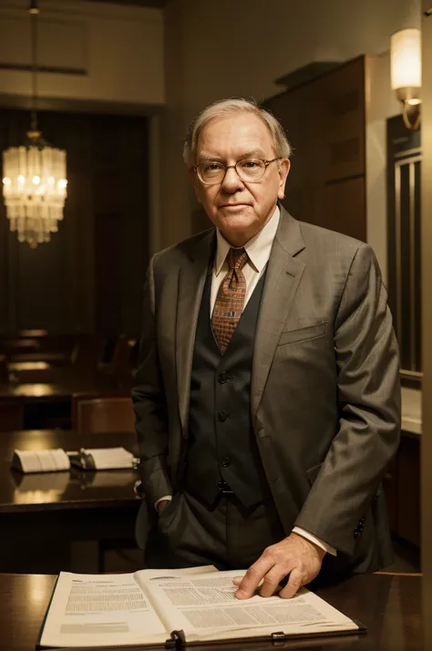 Warren Buffet, in his 30s, wearing a suit, at Columbia Business School, analyzing financial statements, beautiful lighting, best quality, realistic, full-length portrait, realistic image, intricate details, depth of field. highly detailed.