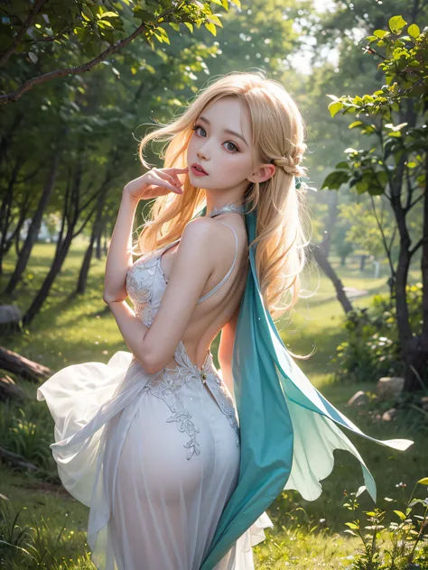 Graceful elven girl standing in meadow, Delicate face illuminated by the soft light of the setting sun. Her long, Flowing hair runs down your back, Decorated with intricate braids、Adorned with sparkling gemstones. This great photo is、、、It captures the ethe...