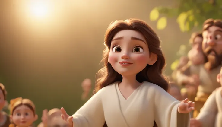 a pixa Disney cartoon  of biblical times "Generate a realistic depiction of Jesus in a garden with many people dress in white, com flores coloridas ao redor e luz suave iluminando seu rosto." high definition image, detalhamento alto e estilo fotorrealismo....