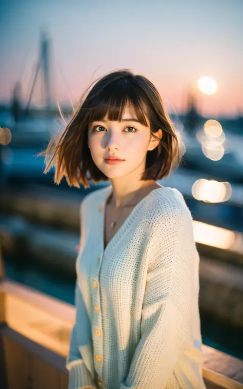 masterpiece, Best Quality, 8K, 1 girl, Yacht harbor, at night, 18 yo, medium breasts⁩, Mouth slightly open, cute little, Solo, sad, Clothes that look good in autumn, Cute, Girly, Delicate girl, Neat and clean beauty, Raw photo, Professional Photography, Po...