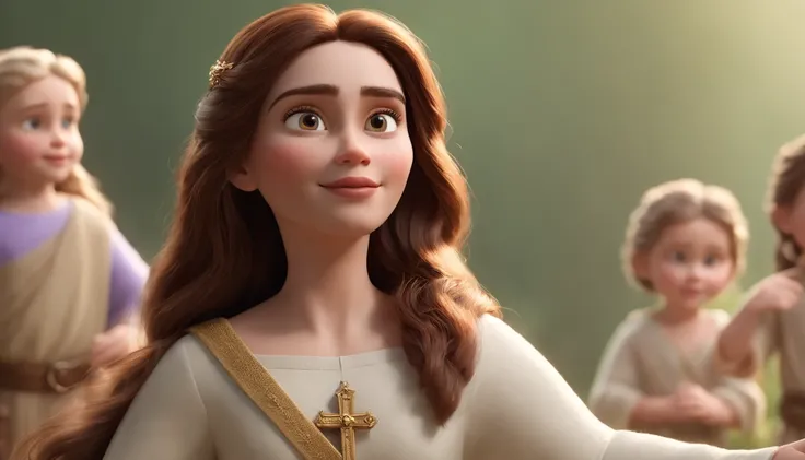 a pixa Disney cartoon  of biblical times "Generate a realistic depiction of Jesus in Heaven leading many people dress in white, com flores coloridas ao redor e luz suave iluminando seu rosto." high definition image, detalhamento alto e estilo fotorrealismo...