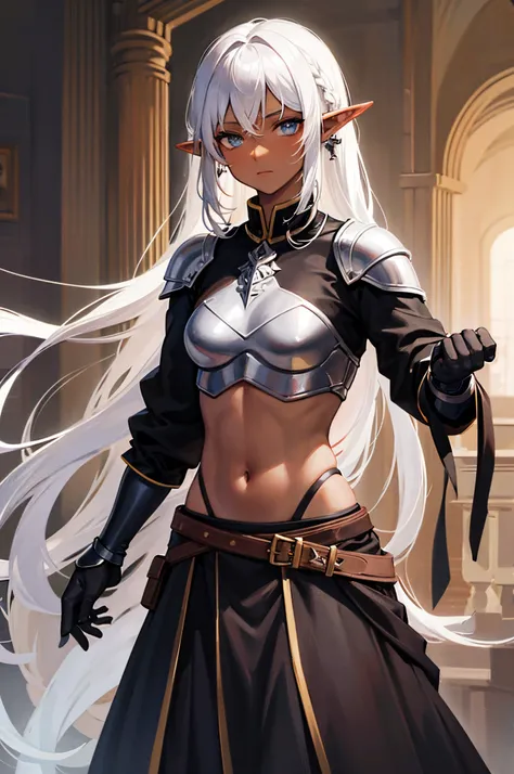 dark skinned, medium silver hair, androgynous, black skirt, elf boy, medieval armor, crop top