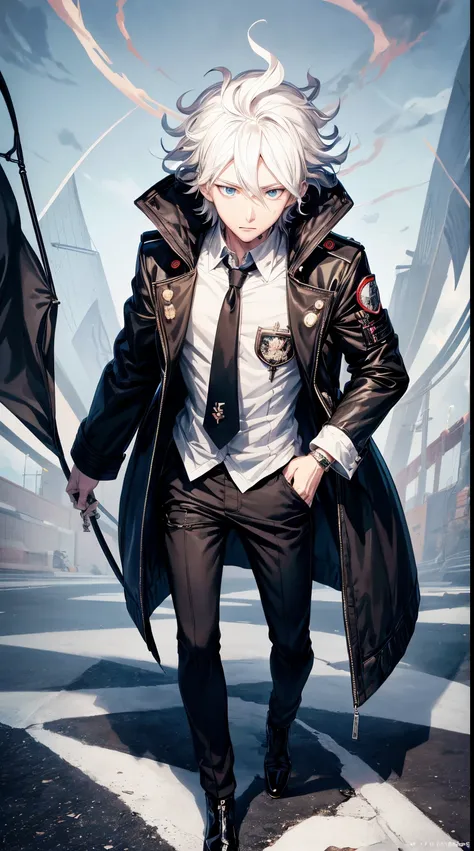 anime guy with white hair and a black jacket with a flag on it, nagito komaeda, official art, key anime art, makoto kano, !!full body portrait!!, full body portrait of a short!, tall anime guy with blue eyes, official anime artwork, young anime man, high q...