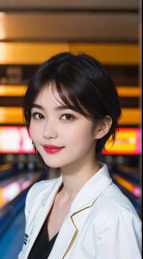 116
(a 20 yo woman,bowling), (A hyper-realistic), (high-level image quality), ((beautiful hairstyle 46)), ((short-hair)), (Gentle smile), (breasted:1.1), (lipsticks), (Bowling alley)