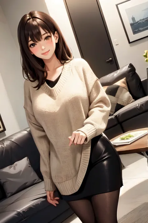 1lady standing, /(oversized sweater/) v-neck, mature female, /(brown hair/) bangs, blush kind smile, (masterpiece best quality:1.2) delicate illustration ultra-detailed, large breasts pantyhose BREAK /(modern house living room/) indoors