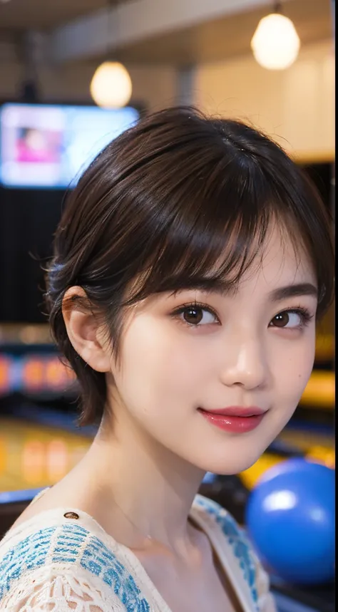 116
(a 20 yo woman,bowling), (A hyper-realistic), (high-level image quality), ((beautiful hairstyle 46)), ((short-hair)), (Gentle smile), (breasted:1.1), (lipsticks), (Bowling alley)