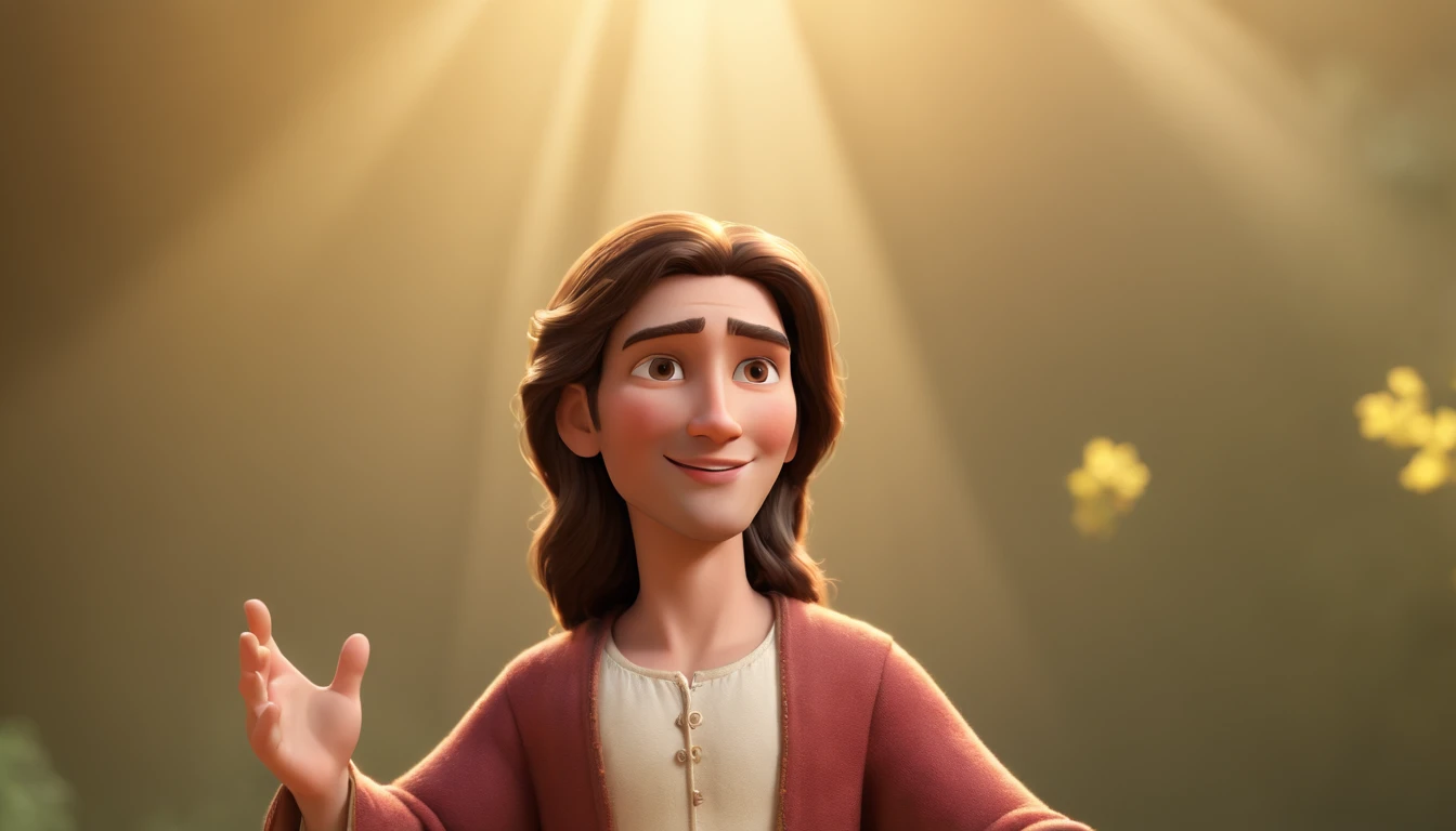 a pixa Disney cartoon  of biblical times "Generate a realistic depiction of Jesus as a leader in Heaven; leading many people dress in white, com flores coloridas ao redor e luz suave iluminando seu rosto." high definition image, detalhamento alto e estilo ...