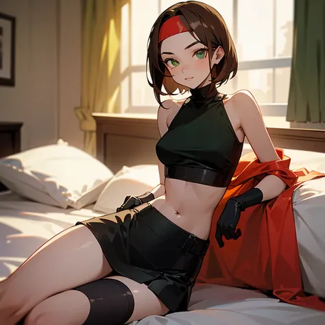 Young woman, 18 years old, short brown hair, green eyes, sitting on a bed in a sexy pose, wearing a cropped red sleeveless turtleneck, a black mini skirt, long black gloves, and a headband in her hair