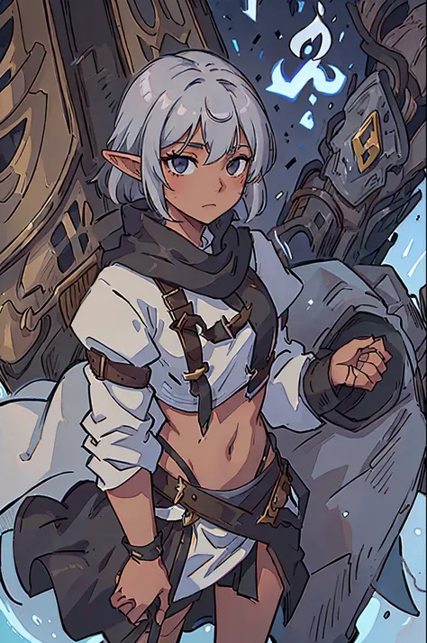 dark skinned, medium silver hair, androgynous, black skirt, elf boy, medieval armor, crop top