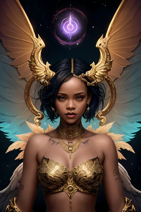 "Generate an AI image depicting Rihanna as a captivating and ethereal mythological creature. Blend her iconic features with elements from various mythologies to create a unique and enchanting portrayal. Consider incorporating mythical traits such as wings,...