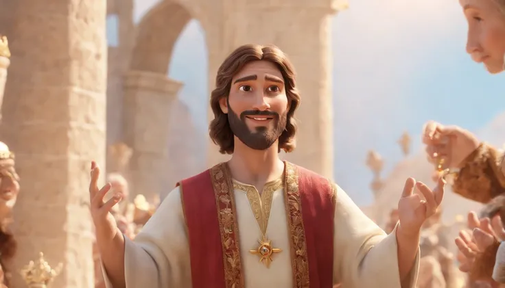 a pixa Disney cartoon  of biblical times "Generate a realistic depiction of Jesus as a leader in Heaven; sitting on a golden king throne; leading many people dress in white, com flores coloridas ao redor e luz suave iluminando seu rosto." high definition i...