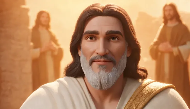 a pixa Disney cartoon  of biblical times "Generate a realistic depiction of Jesus as a leader in Heaven; sitting on a golden king throne; leading many people dress in white, com flores coloridas ao redor e luz suave iluminando seu rosto." high definition i...