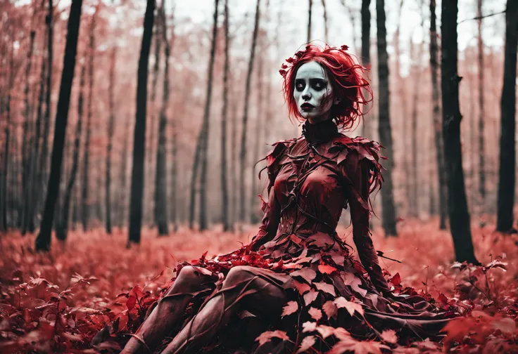 a creepy girl made of dead red plants, sitting in a autumn forest at sundown, high saturation,