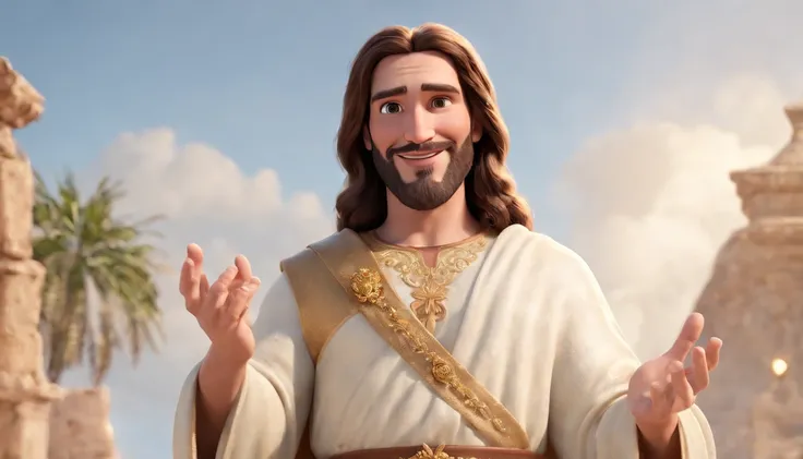 a pixa Disney cartoon  of biblical times "Generate a realistic depiction of Jesus as a leader in Heaven; sitting on a golden king throne; leading many people dress in white, com flores coloridas ao redor e luz suave iluminando seu rosto." high definition i...