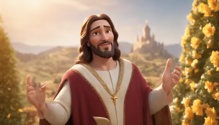 a pixa Disney cartoon  of biblical times "Generate a realistic depiction of Jesus as a leader in Heaven; sitting on a golden king throne; leading many people dress in white, com flores coloridas ao redor e luz suave iluminando seu rosto." high definition i...