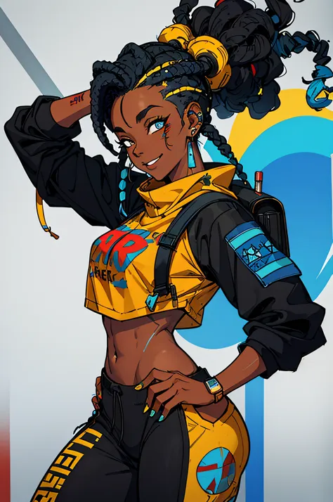 a black girl graffiti artist, headphones on ear, dj, music, black and blue hair dreads, apex legends, cyberpunk character design...