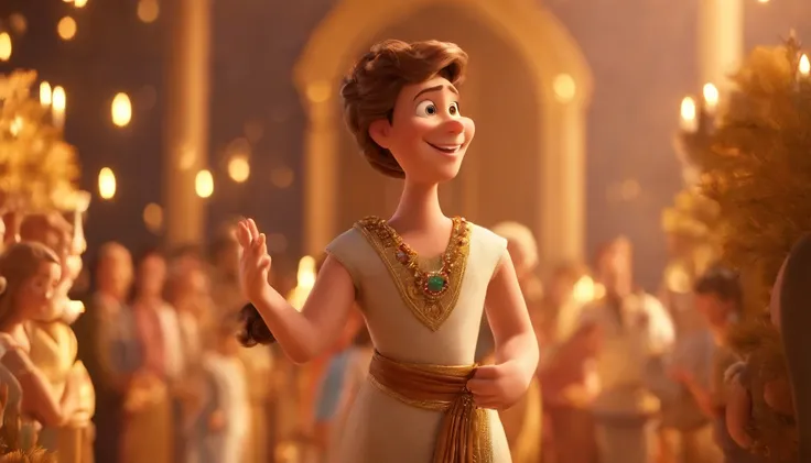 a pixa Disney cartoon  of biblical times "Generate a realistic depiction of Jesus as a leader in Heaven; sitting on a golden king throne; leading many people dress in white, com flores coloridas ao redor e luz suave iluminando seu rosto." high definition i...