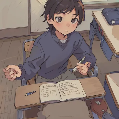 elementary school student studying。12-year-old boy。The location is an elementary school classroom...。((sitting in the chair、writing something with a pencil in a notebook on the desk。))。the boy is looking at the notebook。Draw hands accurately。