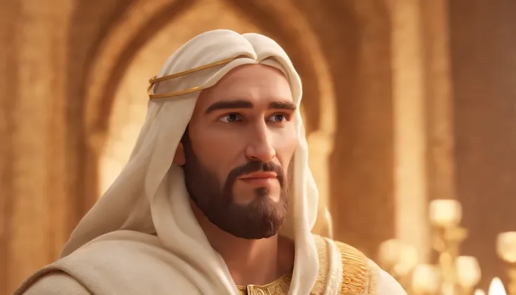 a pixa Disney cartoon  of biblical times "Generate a realistic depiction of Jesus as a leader in Heaven; sitting on a golden king throne; leading many people dress in white, animation film, animated film still, rendered in corona, epic illumination, 3 d an...