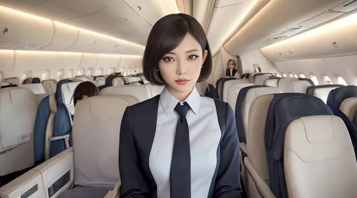 1womanl, 40 years, hyperdetailed face, Detailed lips, A detailed eye, Double Eyelid, (Black bob hair, Like an airplane stewardess, Do a good job), (Like an airplane stewardess:1.2), (Do a good job:1.2), (Stewardess uniform:1.2), (wear the stewardess cap:1....