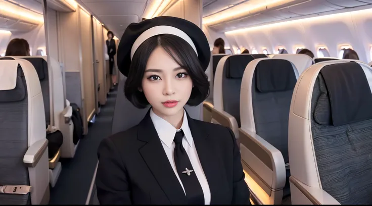 (Draw only one woman:1.3), 40 years, hyperdetailed face, Detailed lips, A detailed eye, Double Eyelid, (Black bob hair, Like an airplane stewardess, Do a good job), (Like an airplane stewardess:1.2), (Do a good job:1.2), (Stewardess uniform:1.2), (wear the...