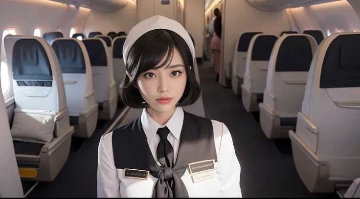 (Draw only one woman:1.3), 40 years, hyperdetailed face, Detailed lips, A detailed eye, Double Eyelid, (Black bob hair, Like an airplane stewardess, Do a good job), (Like an airplane stewardess:1.2), (Do a good job:1.2), (Stewardess uniform:1.2), (wear the...