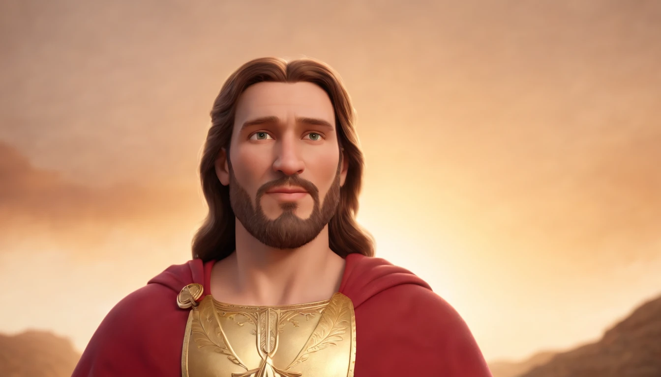 a pixa Disney cartoon  of biblical times "Generate a realistic depiction of Jesus as a leader in Heaven; sitting on a golden king throne; leading many people dress in white, animation film, animated film still, rendered in corona, epic illumination, 3 d an...