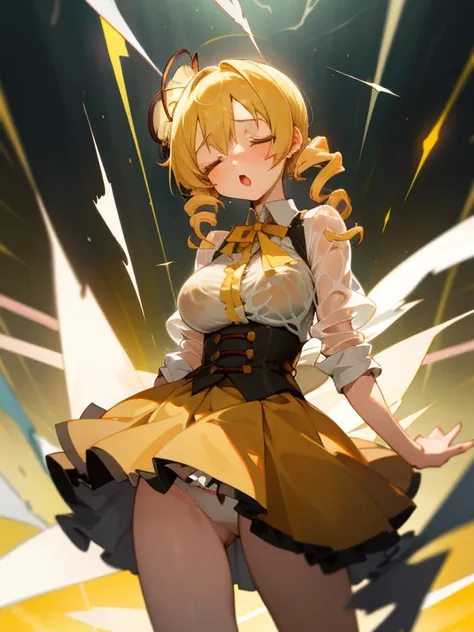 tottering, tomoe mami, big breast, torn clothes, frilly, closed eyes, :o, white panties, dirty, bleed, blonde hair, drill hair, head back, lightning, (see-through:1.1) white bras, fsb, frosuke, from front, see-through skirt