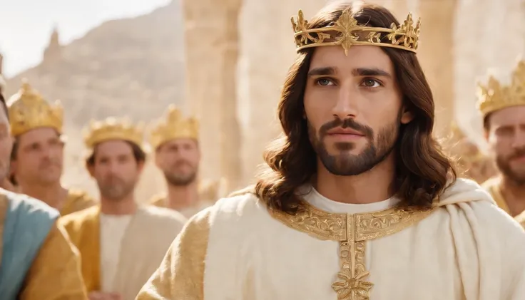 a pixa Disney cartoon  of biblical times "Generate a realistic depiction of Jesus as a leader in Heaven; sitting on a golden king throne; leading many people dress in white.