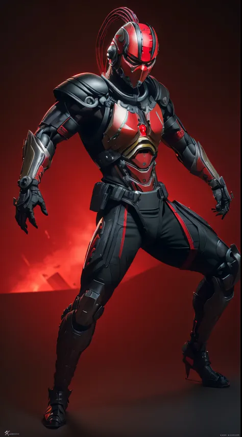 zxcrx, cyborg ninja wearing sleek, (red and black armour:1.5) that incorporates various mechanical components, his face is covered by a helmet with a (glowing red visor:1.3), equipped with powerful flamethrowers, missile launchers, retractable blades, intr...