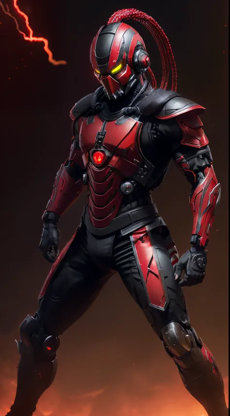 zxcrx, cyborg ninja wearing sleek, (red and black armour:1.5) that incorporates various mechanical components, his face is covered by a helmet with a (glowing red visor:1.3), equipped with powerful flamethrowers, missile launchers, retractable blades, intr...