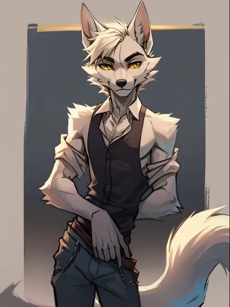 Male, arctic wolf, detailed yellow eyes, long tail, bartender, loose baggy jeans, slim, sly, simple background