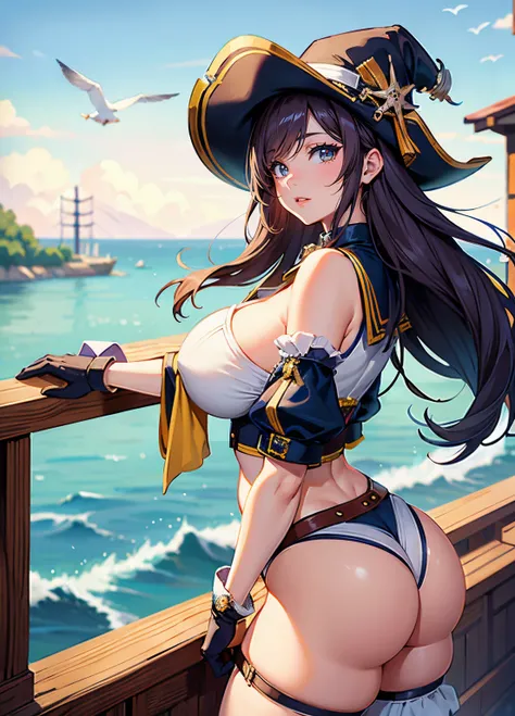 (tmasterpiece:1.2, Best quality at best), actual, (Real pictures, Complicated details, depth of fields), tmasterpiece, Best quality at best, Complicated details, captain fortune, 1 plump girl, Cleavage incision, Pirate hat, woven, Fluffy sleeves, Wear glov...