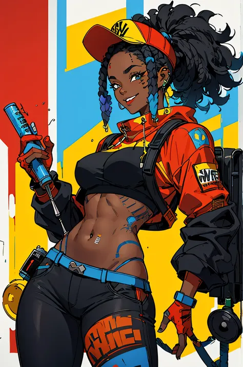 a black girl graffiti artist, headphones on ear, dj, music, black and blue afro, apex legends, cyberpunk character design, ,musi...